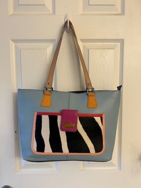 Soruka Sky Blue Brown Leather Tote Bag Zebra Pocket Pink Tab Includes Dust Bag